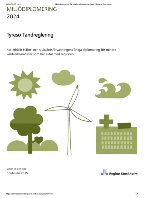 Miljödiplom Tyresö Tandreglering